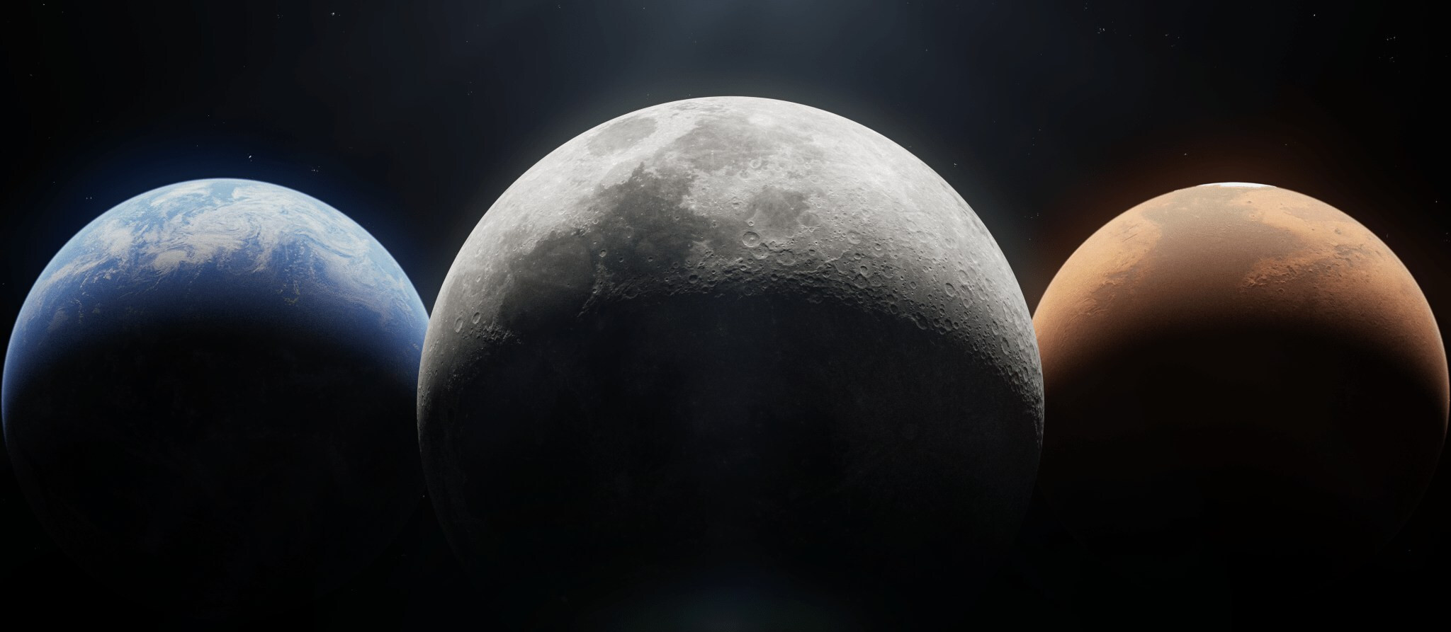 the earth, the moon and mars in a single image